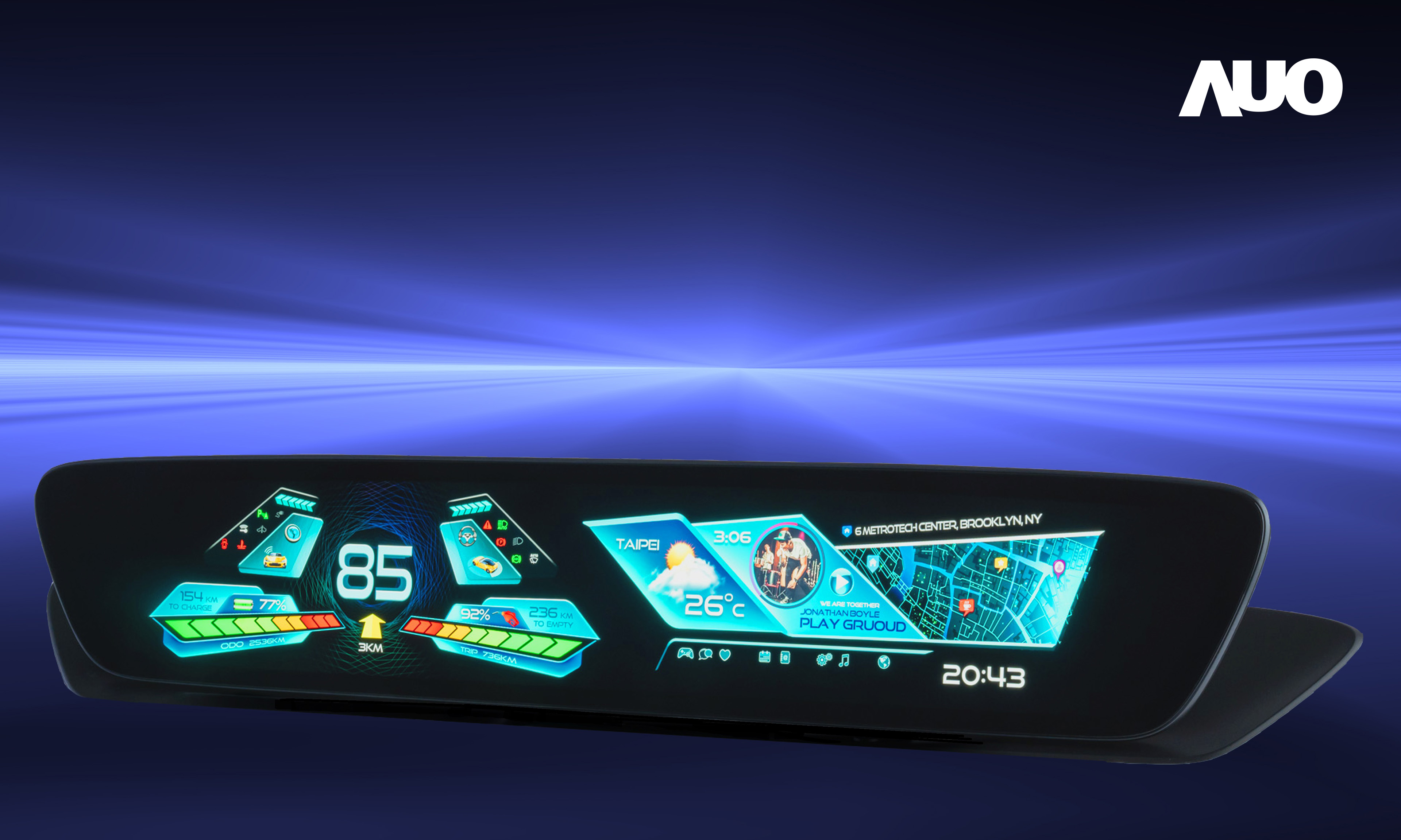 友達30.4吋異形曲面AmLED車載顯示系統，為一兼具儀表板及中控台人機介面的創新車載顯示系統，結合美學設計，提升車內科技沉浸感及使用體驗，讓車載顯示的未來應用更加多元化